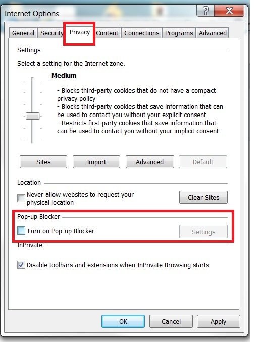 Pop up blocker settings